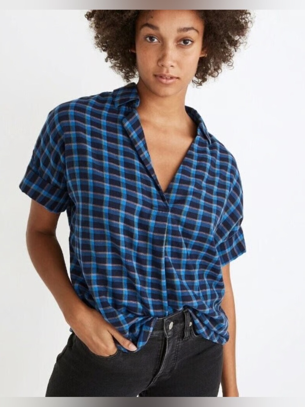 Madewell Women’s Blue Plaid V-Neck High-Low Blouse Size Large